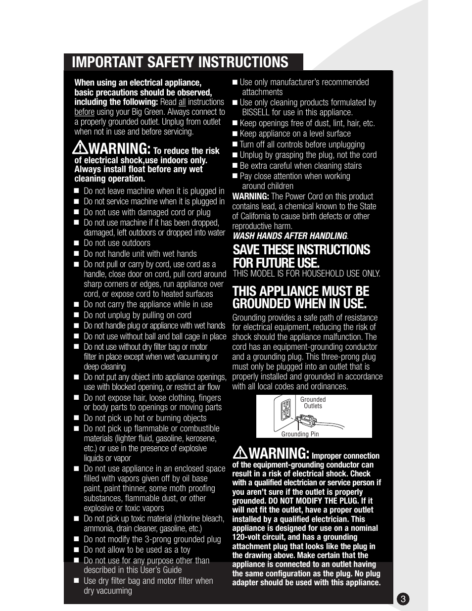 Important safety instructions, Warning, Save these instructions for future use | This appliance must be grounded when in use | Bissell Big Green 1672 series User Manual | Page 3 / 16