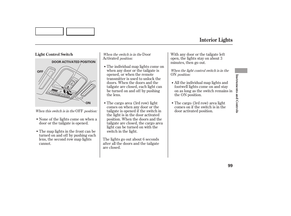 Interior lights | Acura 2005 MDX - Owner's Manual User Manual | Page 101 / 312