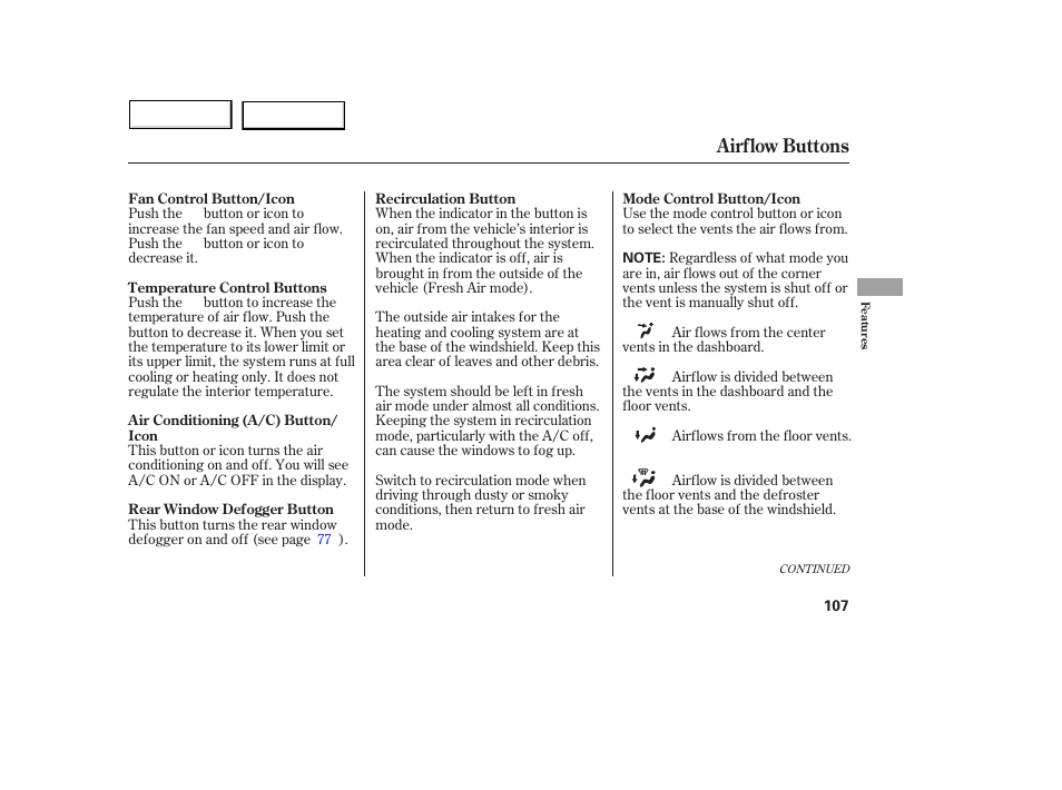 Airflow buttons | Acura 2005 MDX - Owner's Manual User Manual | Page 109 / 312