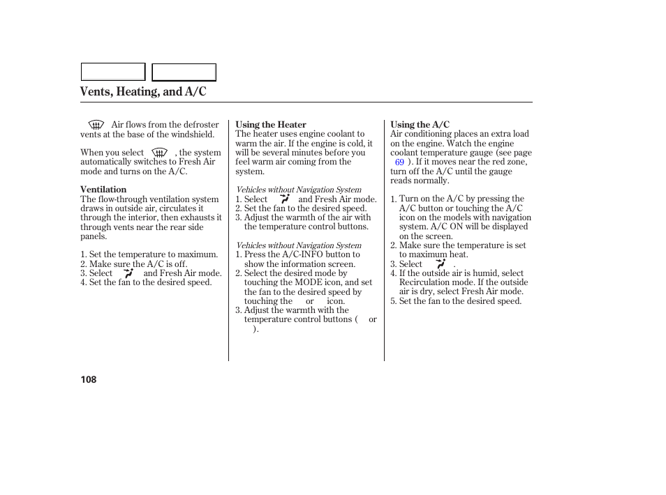 Vents, heating, and a/c | Acura 2005 MDX - Owner's Manual User Manual | Page 110 / 312