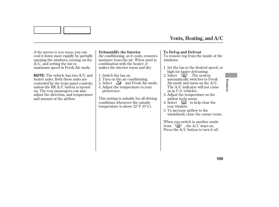 Vents, heating, and a/c | Acura 2005 MDX - Owner's Manual User Manual | Page 111 / 312