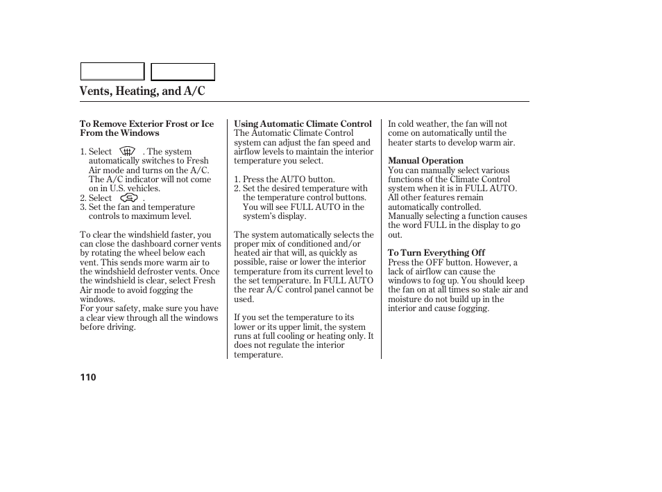 Vents, heating, and a/c | Acura 2005 MDX - Owner's Manual User Manual | Page 112 / 312