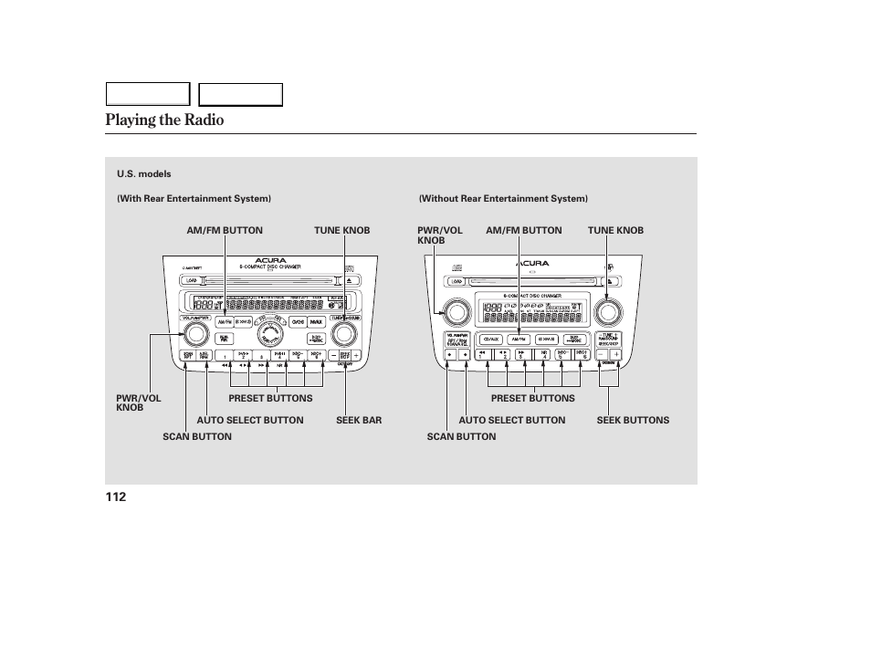 Playing the radio | Acura 2005 MDX - Owner's Manual User Manual | Page 114 / 312