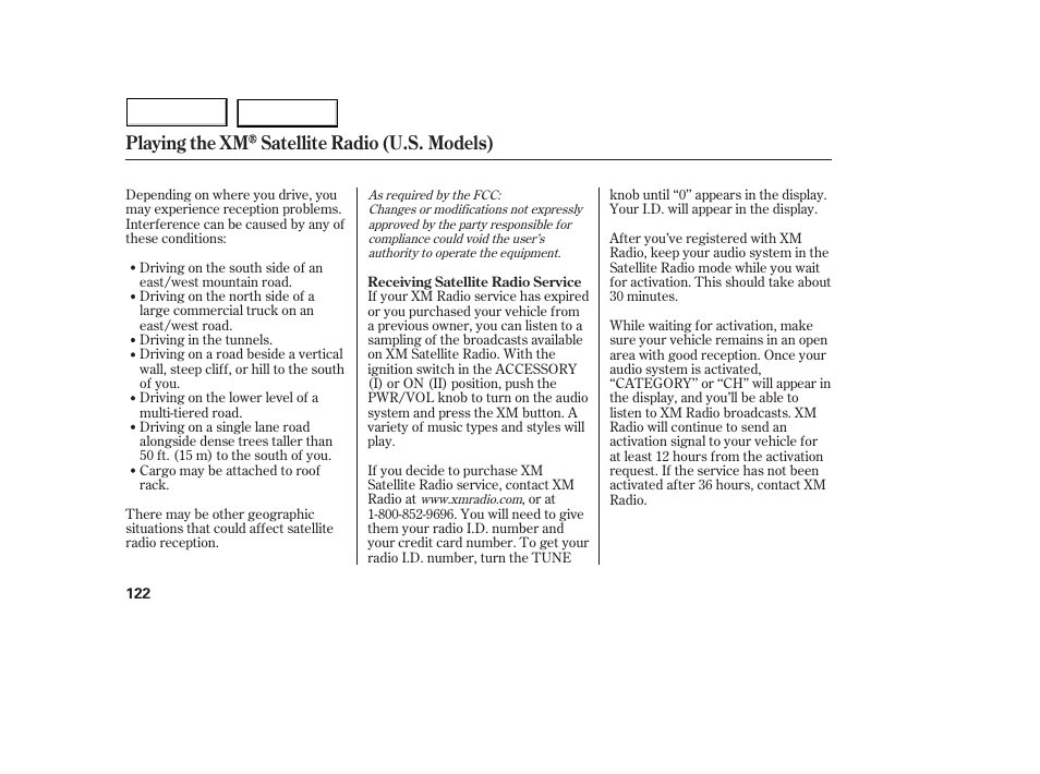 Playing the xm satellite radio (u.s. models) | Acura 2005 MDX - Owner's Manual User Manual | Page 124 / 312