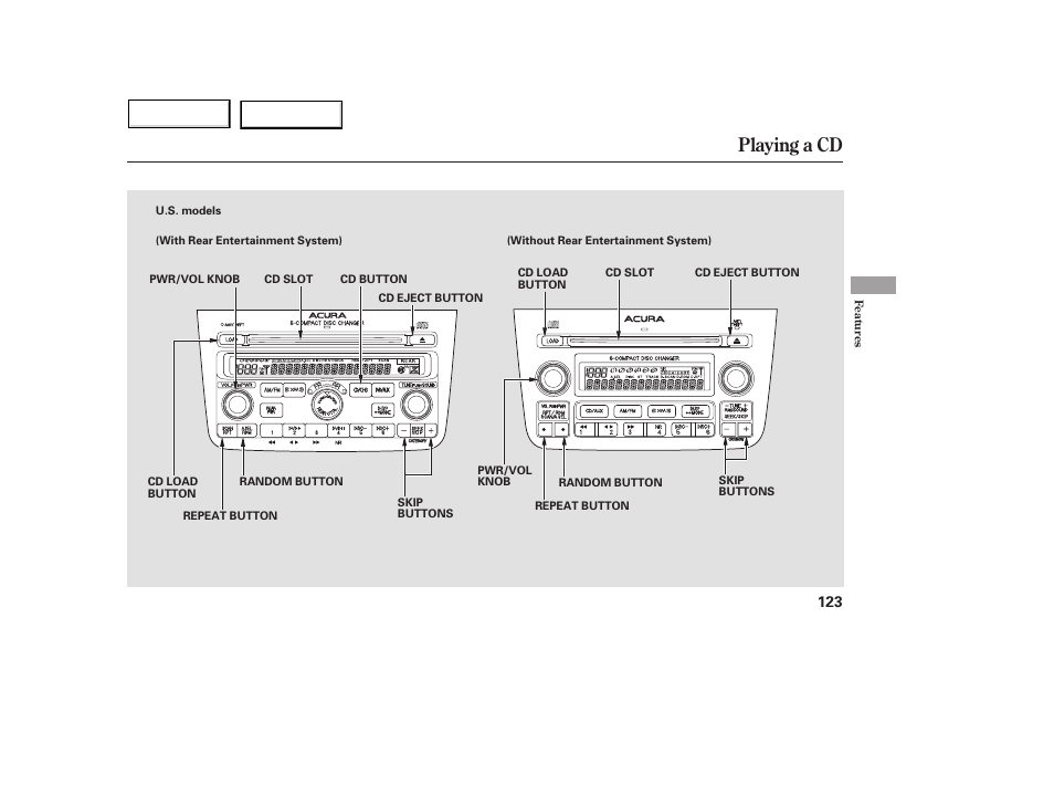 Playing a cd | Acura 2005 MDX - Owner's Manual User Manual | Page 125 / 312