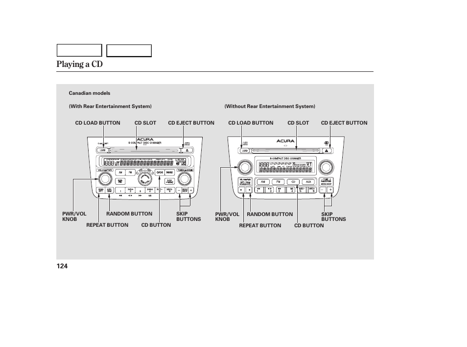 Playing a cd | Acura 2005 MDX - Owner's Manual User Manual | Page 126 / 312
