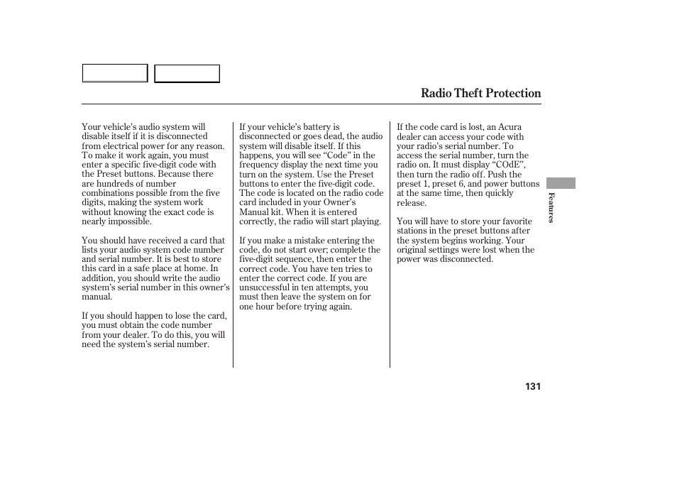 Radio theft protection | Acura 2005 MDX - Owner's Manual User Manual | Page 133 / 312