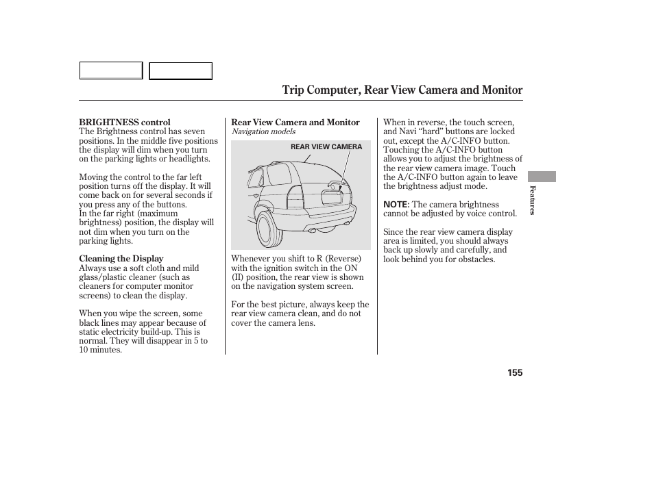 Trip computer, rear view camera and monitor | Acura 2005 MDX - Owner's Manual User Manual | Page 157 / 312