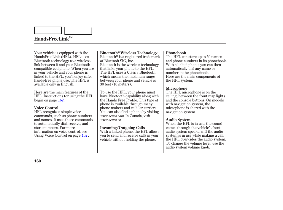 Handsfreelink | Acura 2005 MDX - Owner's Manual User Manual | Page 162 / 312