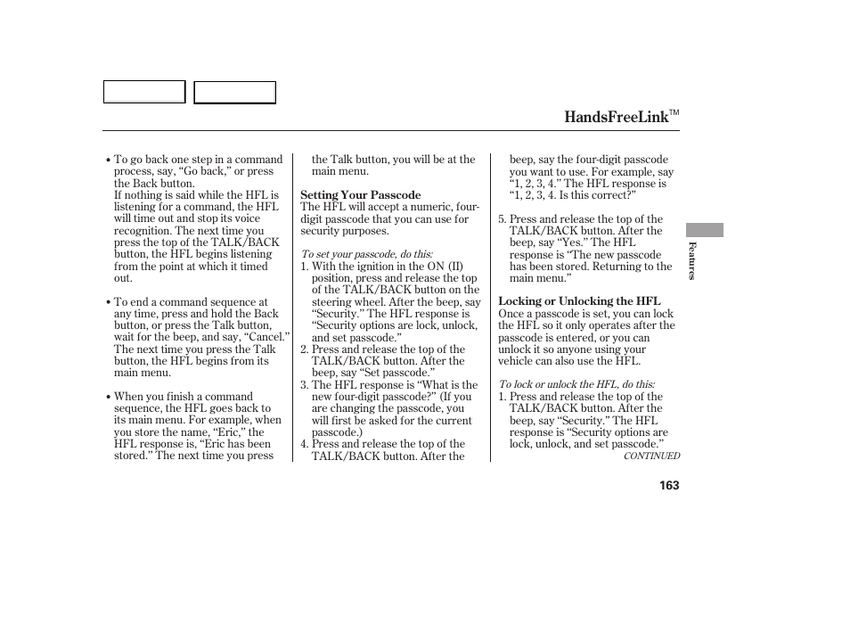 Handsfreelink | Acura 2005 MDX - Owner's Manual User Manual | Page 165 / 312