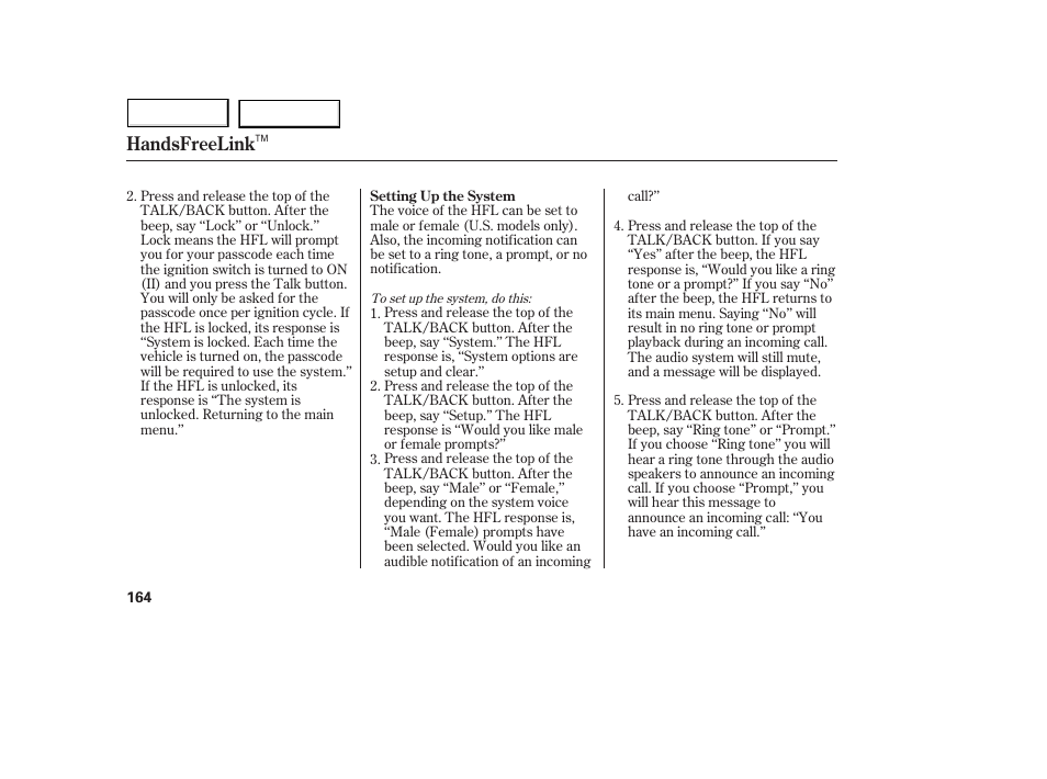 Handsfreelink | Acura 2005 MDX - Owner's Manual User Manual | Page 166 / 312