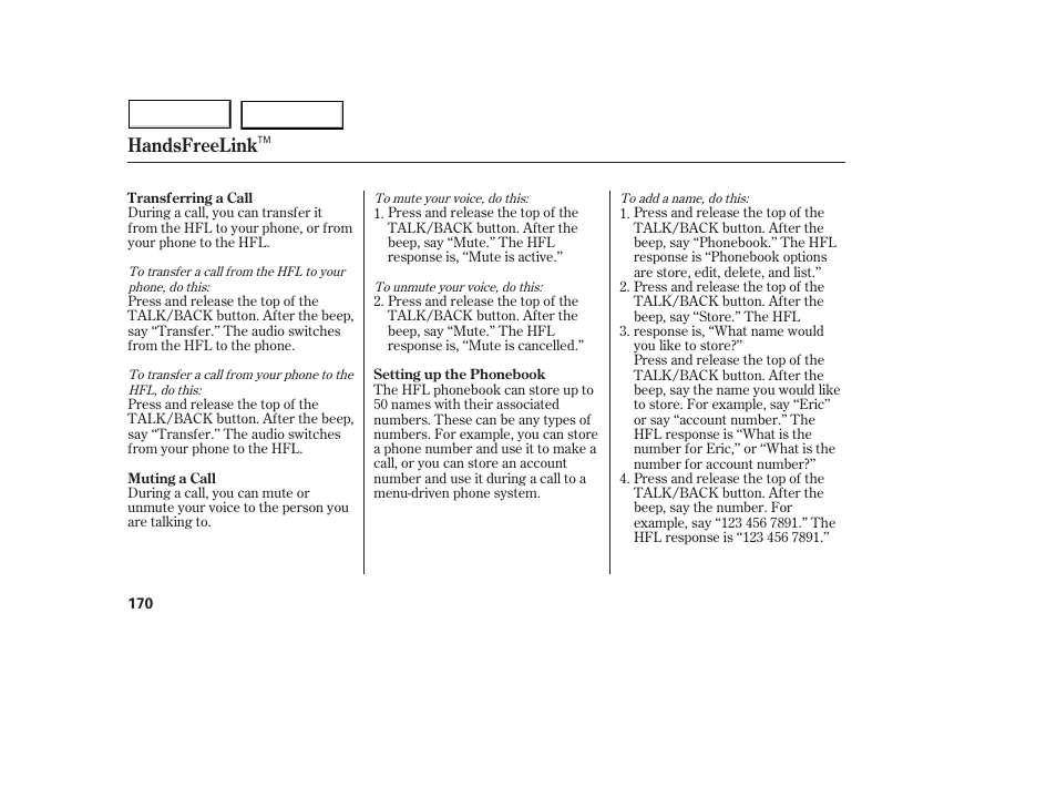 Handsfreelink | Acura 2005 MDX - Owner's Manual User Manual | Page 172 / 312