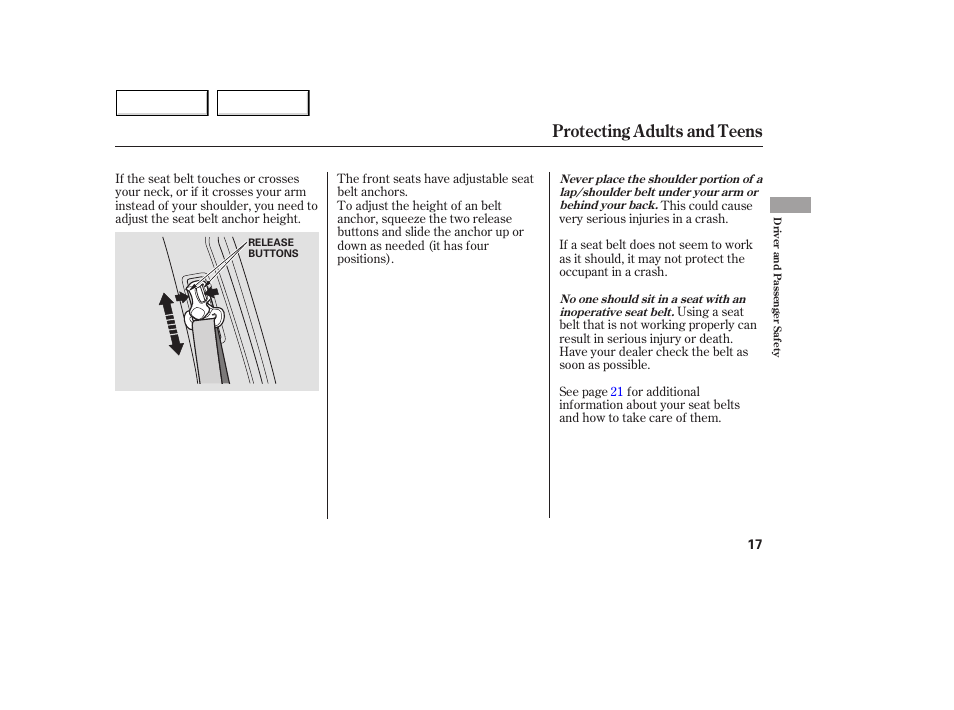 Protecting adults and teens | Acura 2005 MDX - Owner's Manual User Manual | Page 19 / 312