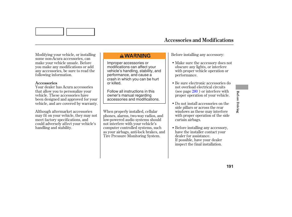 Accessories and modifications | Acura 2005 MDX - Owner's Manual User Manual | Page 193 / 312