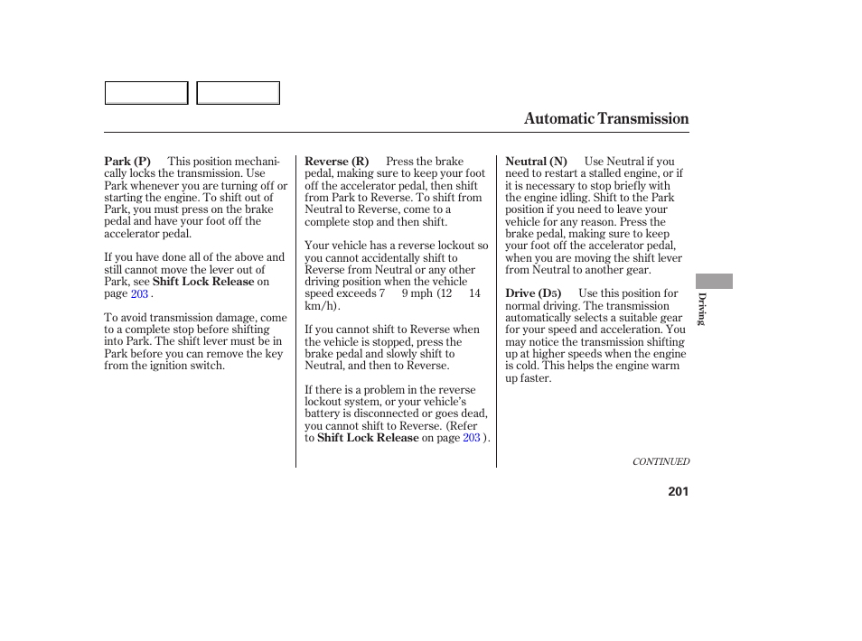 Automatic transmission | Acura 2005 MDX - Owner's Manual User Manual | Page 203 / 312