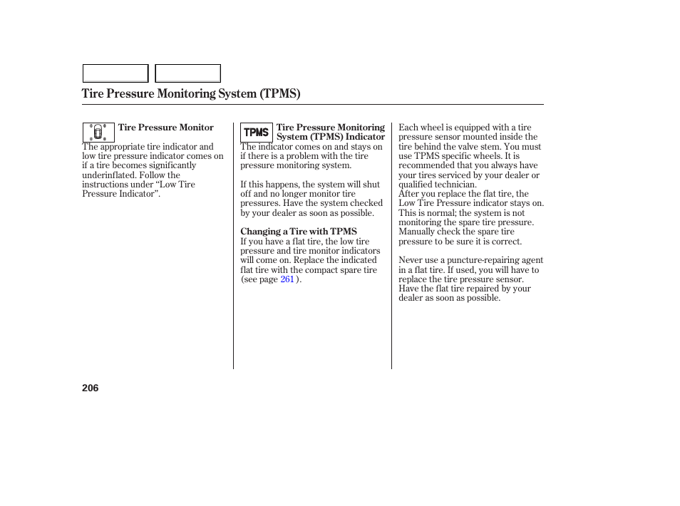 Tire pressure monitoring system (tpms) | Acura 2005 MDX - Owner's Manual User Manual | Page 208 / 312