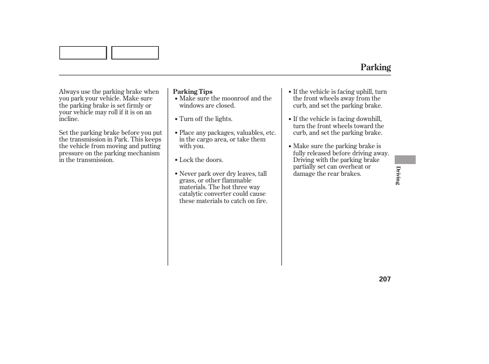Parking | Acura 2005 MDX - Owner's Manual User Manual | Page 209 / 312