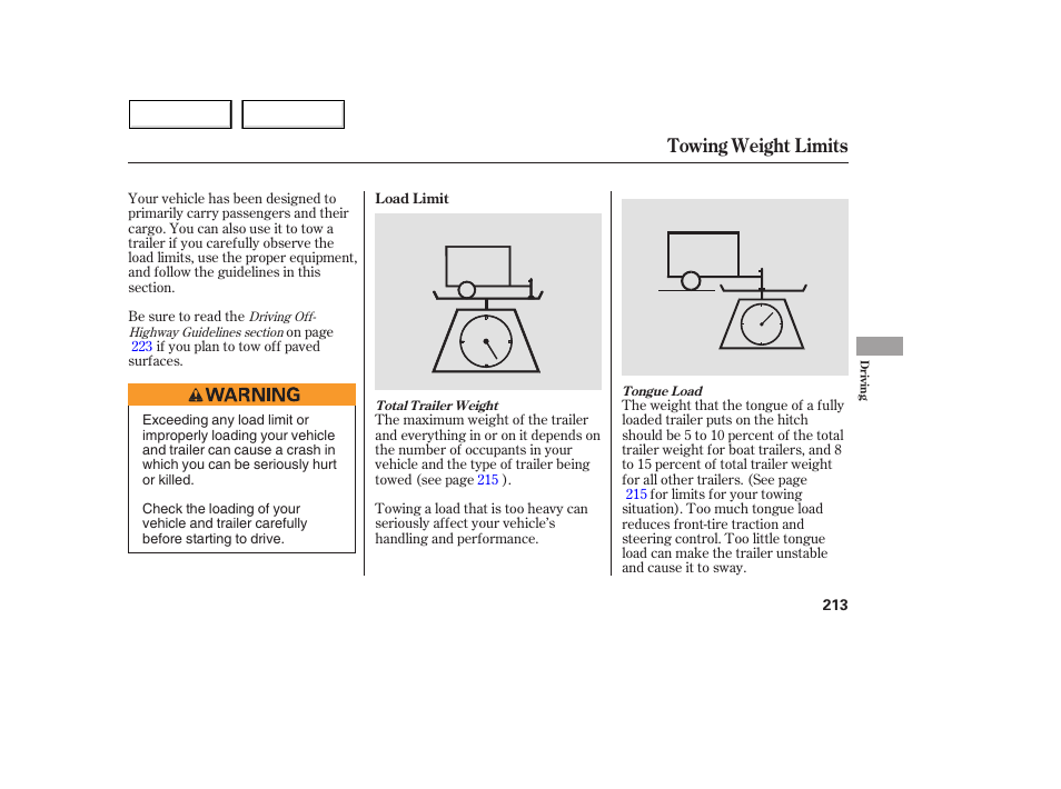 Towing weight limits | Acura 2005 MDX - Owner's Manual User Manual | Page 215 / 312