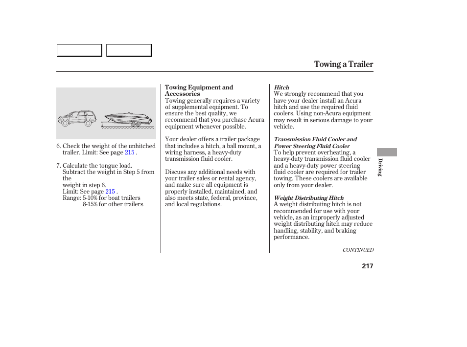 Towing a trailer | Acura 2005 MDX - Owner's Manual User Manual | Page 219 / 312
