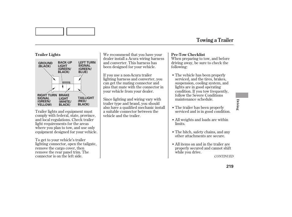 Towing a trailer | Acura 2005 MDX - Owner's Manual User Manual | Page 221 / 312
