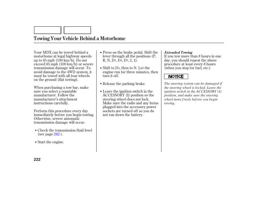 Towing your vehicle behind a motorhome | Acura 2005 MDX - Owner's Manual User Manual | Page 224 / 312