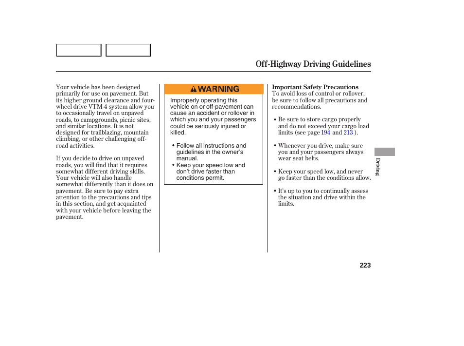 Off-highway driving guidelines | Acura 2005 MDX - Owner's Manual User Manual | Page 225 / 312