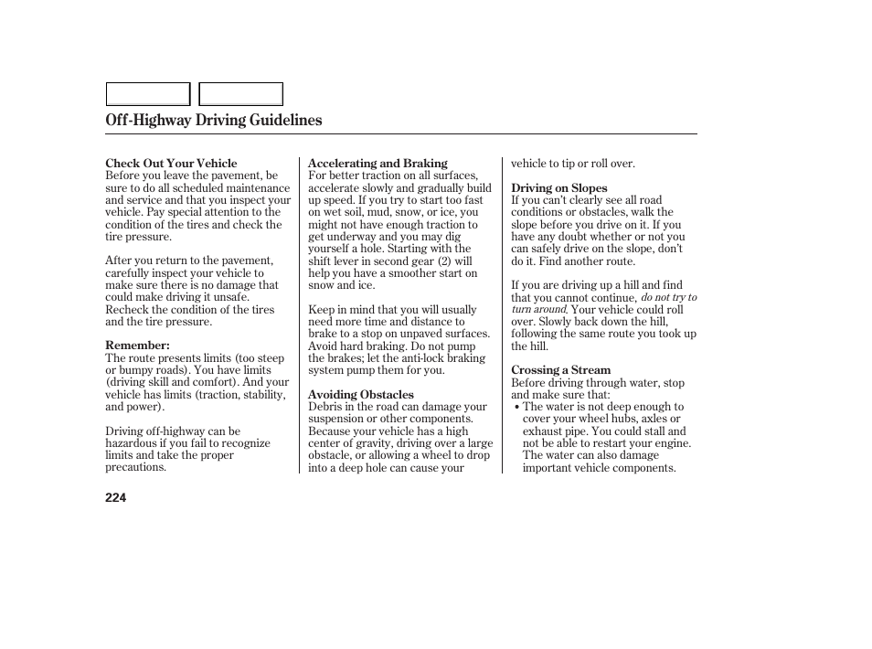 Off-highway driving guidelines | Acura 2005 MDX - Owner's Manual User Manual | Page 226 / 312