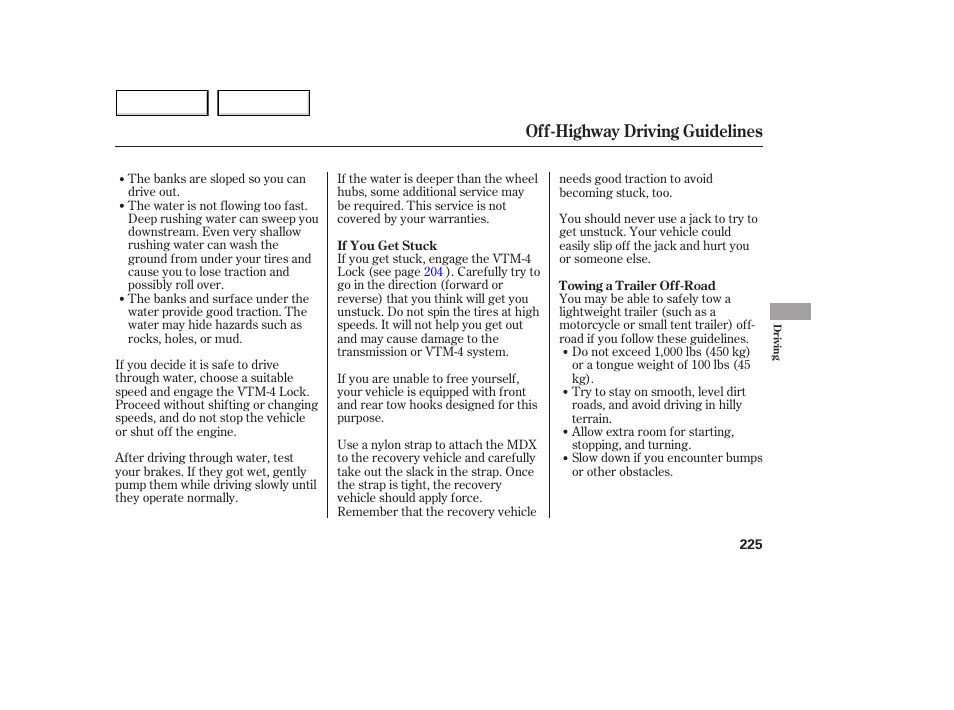 Off-highway driving guidelines | Acura 2005 MDX - Owner's Manual User Manual | Page 227 / 312