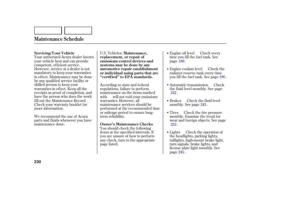 Maintenance schedule | Acura 2005 MDX - Owner's Manual User Manual | Page 232 / 312