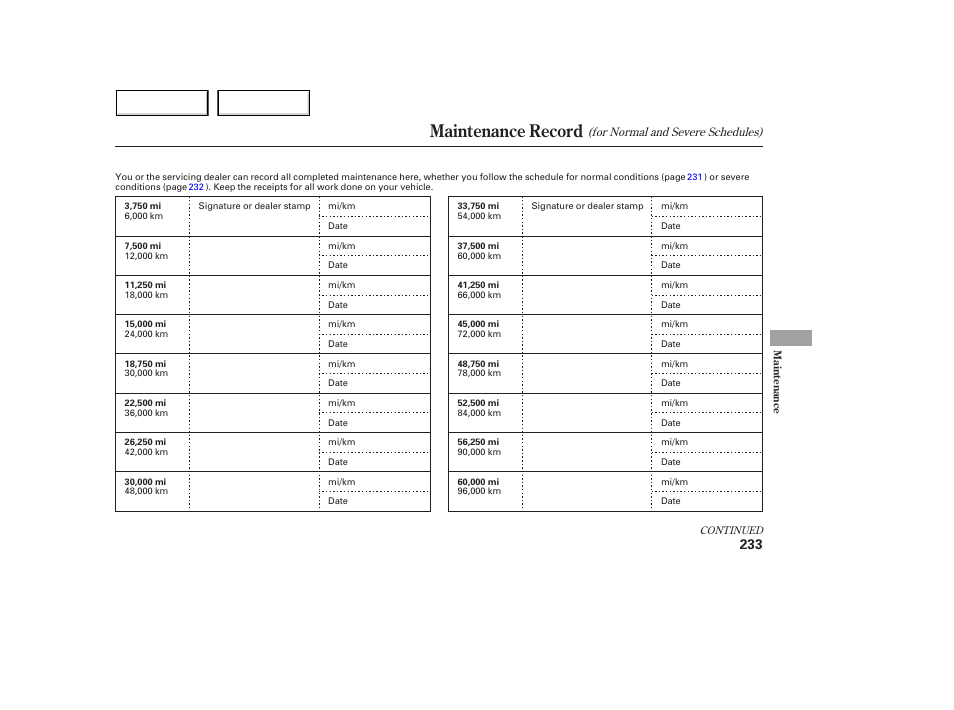 Maintenance record | Acura 2005 MDX - Owner's Manual User Manual | Page 235 / 312