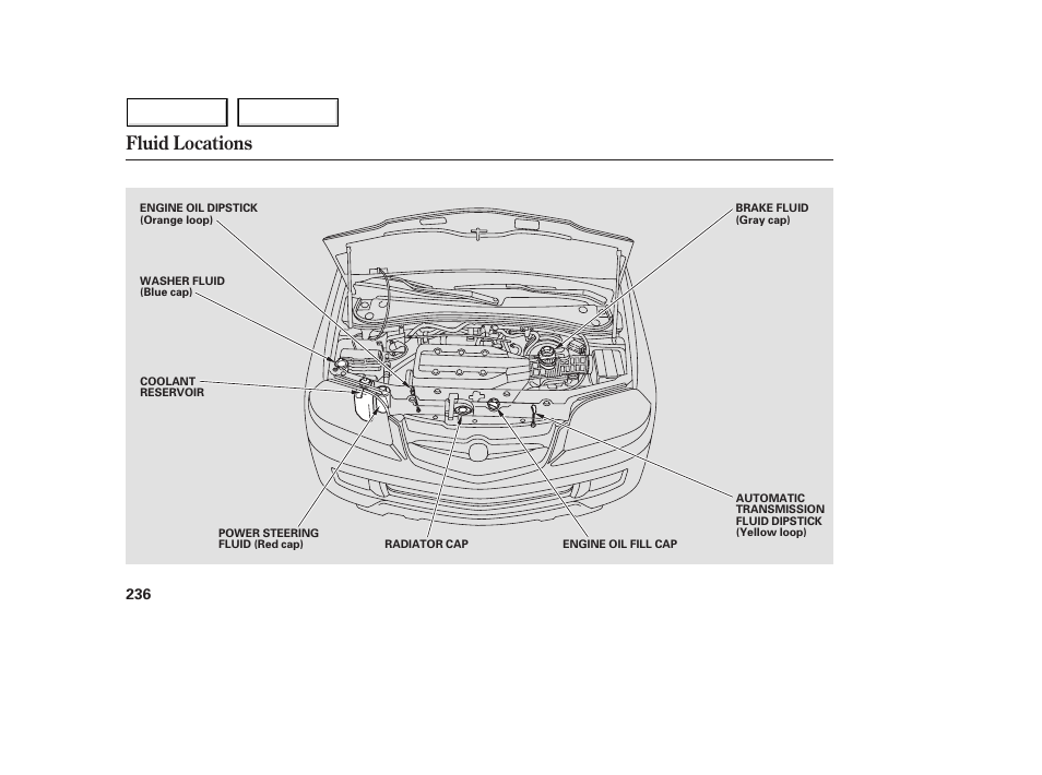 Fluid locations | Acura 2005 MDX - Owner's Manual User Manual | Page 238 / 312