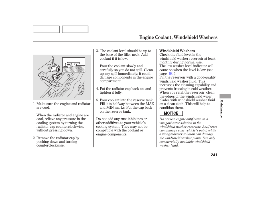 Engine coolant, windshield washers | Acura 2005 MDX - Owner's Manual User Manual | Page 243 / 312