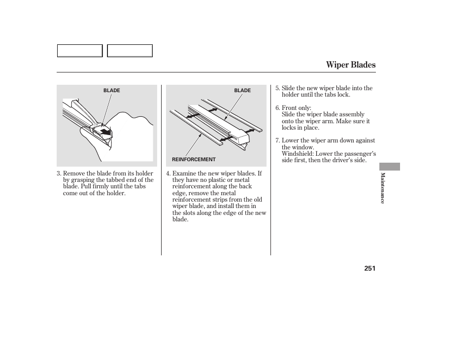 Wiper blades | Acura 2005 MDX - Owner's Manual User Manual | Page 253 / 312