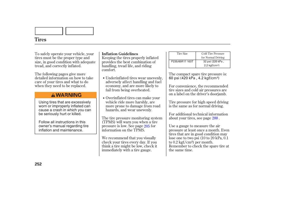 Tires | Acura 2005 MDX - Owner's Manual User Manual | Page 254 / 312