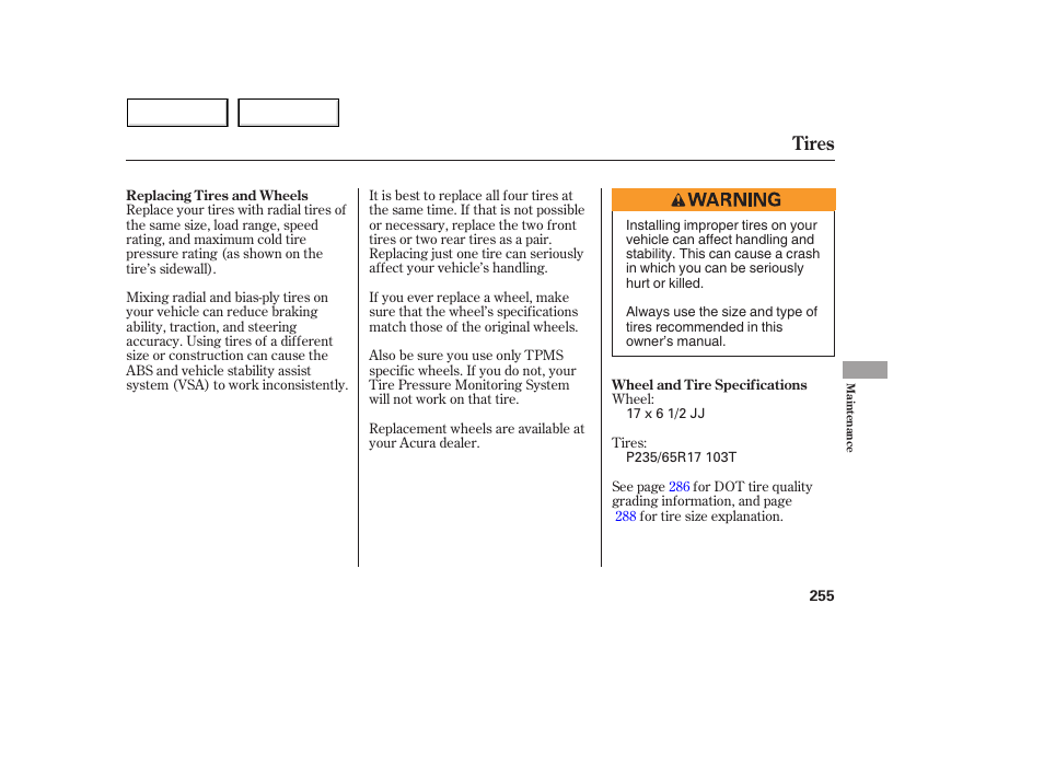 Tires | Acura 2005 MDX - Owner's Manual User Manual | Page 257 / 312