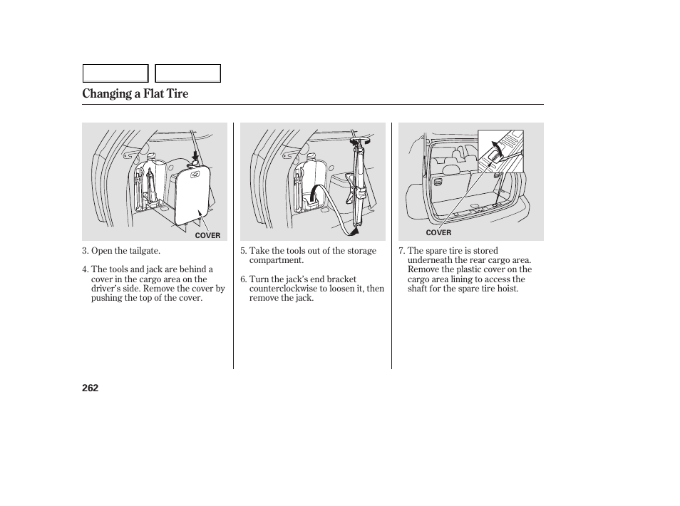 Changing a flat tire | Acura 2005 MDX - Owner's Manual User Manual | Page 264 / 312