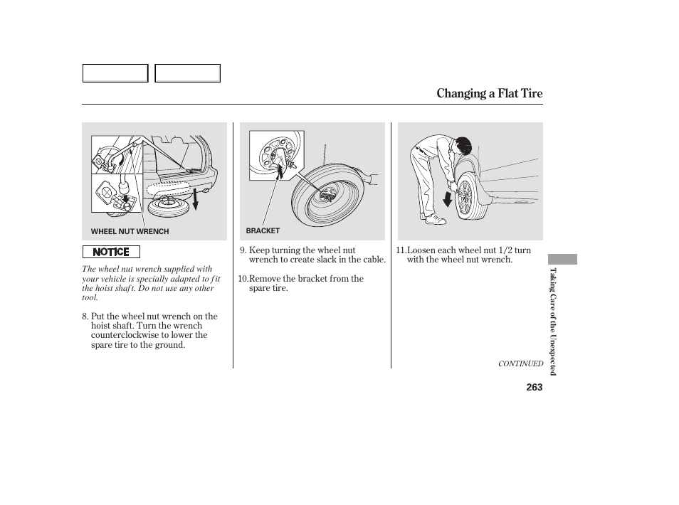 Changing a flat tire | Acura 2005 MDX - Owner's Manual User Manual | Page 265 / 312