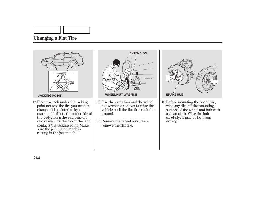 Changing a flat tire | Acura 2005 MDX - Owner's Manual User Manual | Page 266 / 312