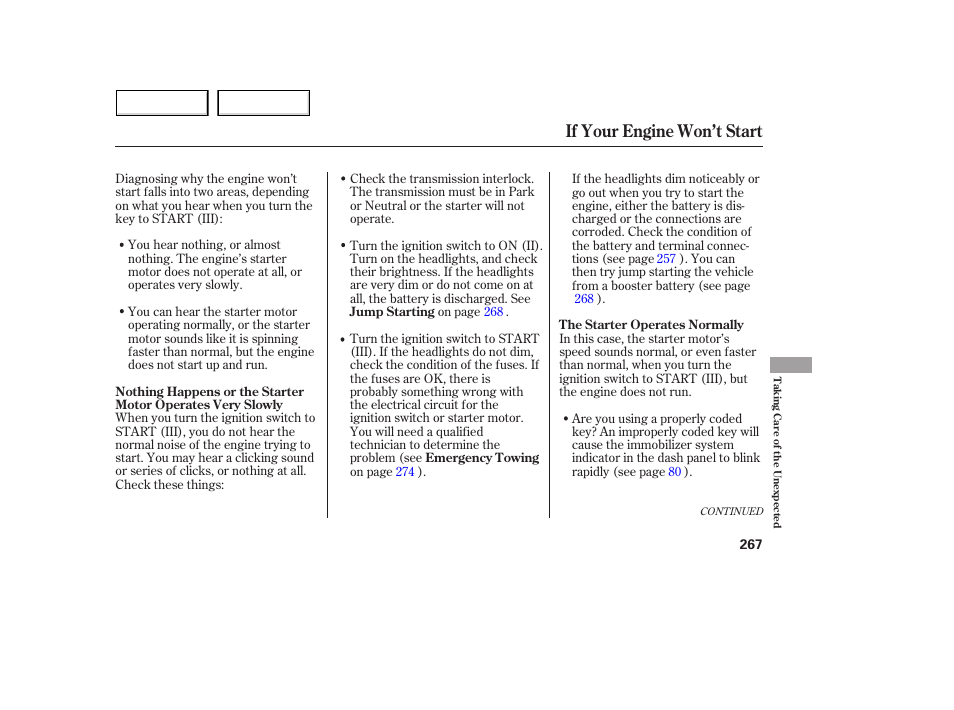 If your engine won’t start | Acura 2005 MDX - Owner's Manual User Manual | Page 269 / 312