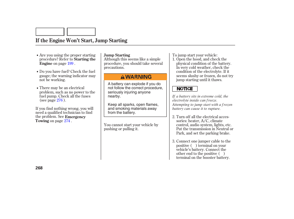If the engine won’t start, jump starting | Acura 2005 MDX - Owner's Manual User Manual | Page 270 / 312