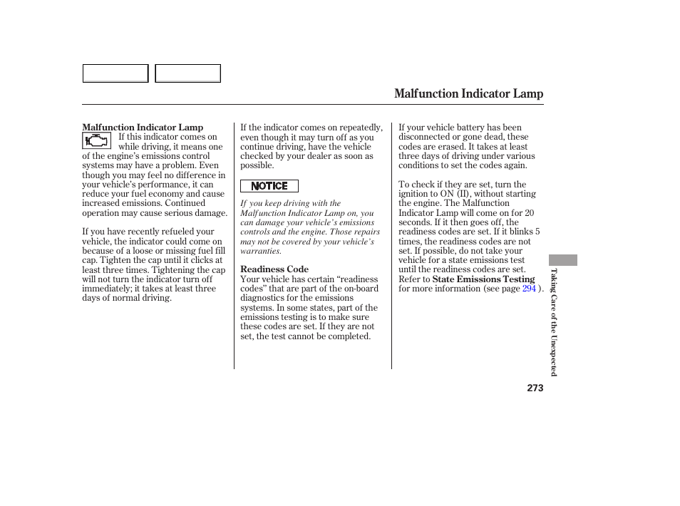 Malfunction indicator lamp | Acura 2005 MDX - Owner's Manual User Manual | Page 275 / 312