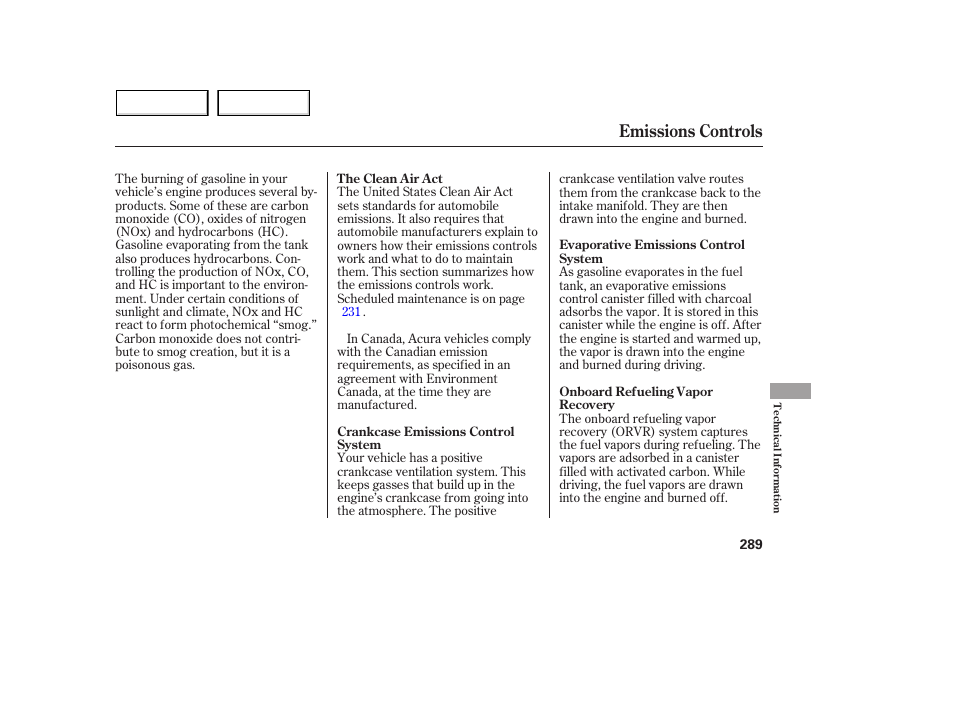 Emissions controls | Acura 2005 MDX - Owner's Manual User Manual | Page 291 / 312