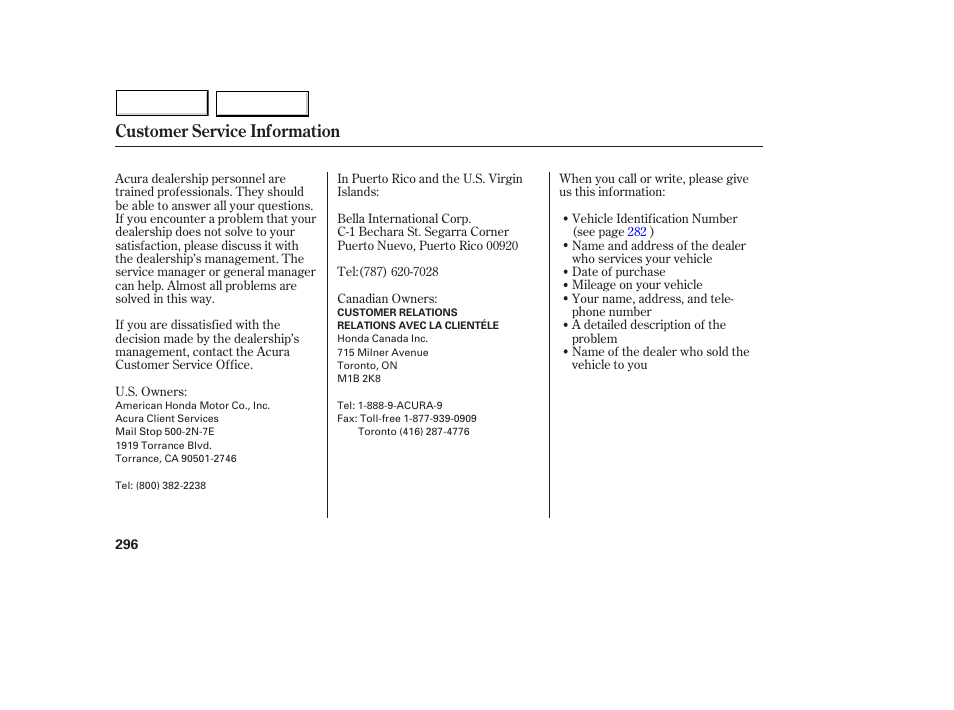 Customer service information | Acura 2005 MDX - Owner's Manual User Manual | Page 298 / 312