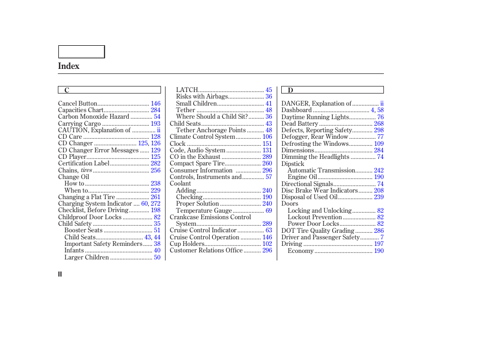 Index | Acura 2005 MDX - Owner's Manual User Manual | Page 304 / 312