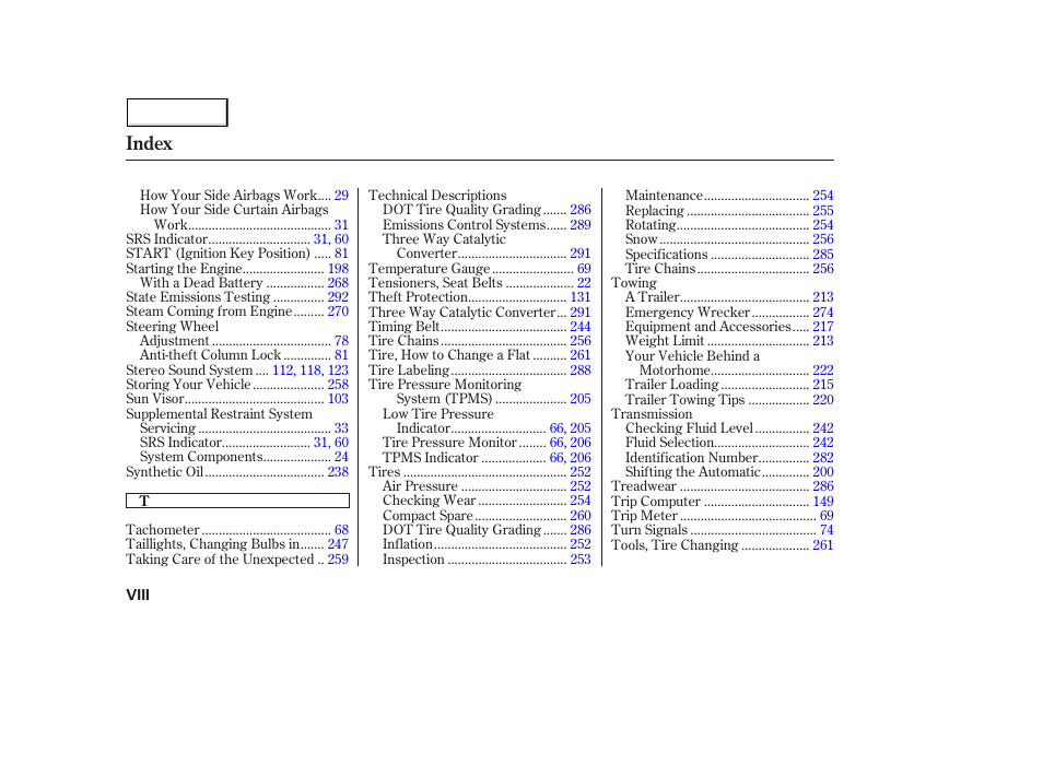 Index | Acura 2005 MDX - Owner's Manual User Manual | Page 310 / 312