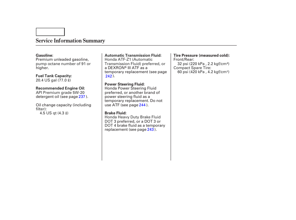 Service information summary | Acura 2005 MDX - Owner's Manual User Manual | Page 312 / 312