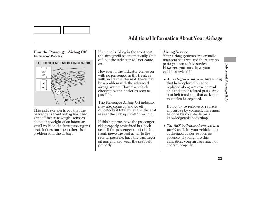 Additional information about your airbags | Acura 2005 MDX - Owner's Manual User Manual | Page 35 / 312