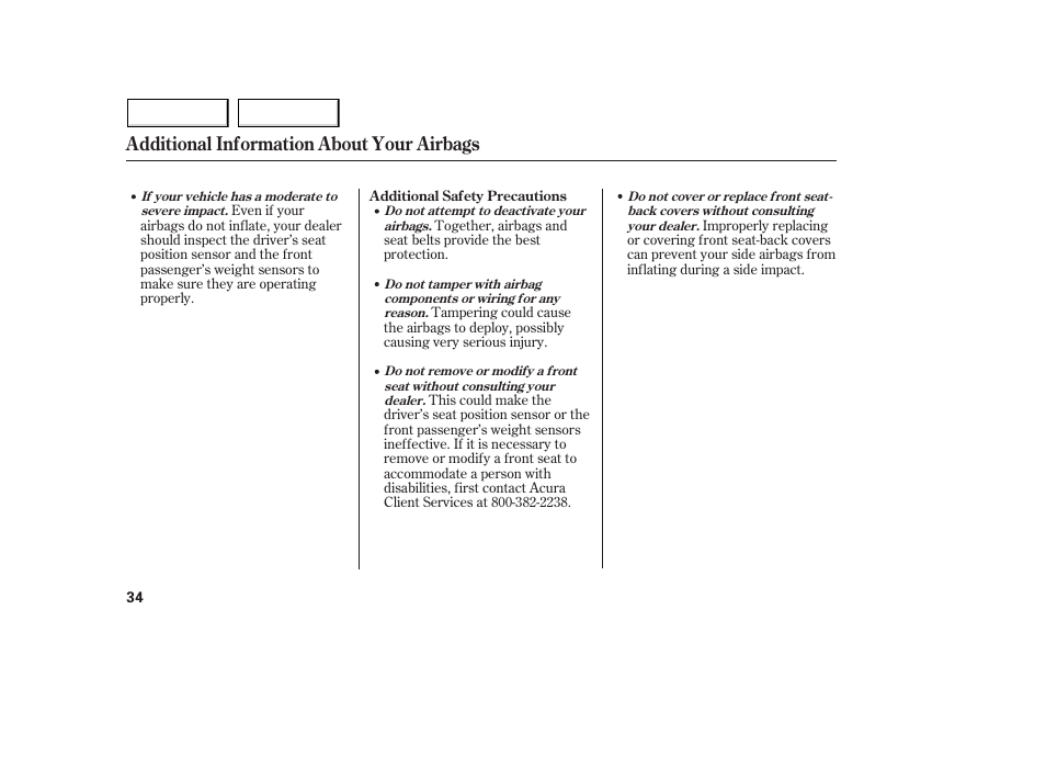 Additional information about your airbags | Acura 2005 MDX - Owner's Manual User Manual | Page 36 / 312