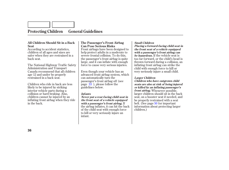 Protecting children general guidelines | Acura 2005 MDX - Owner's Manual User Manual | Page 38 / 312
