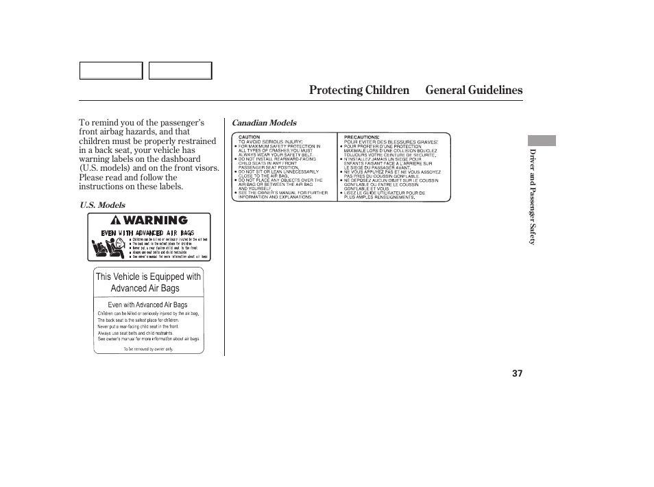 Protecting children general guidelines | Acura 2005 MDX - Owner's Manual User Manual | Page 39 / 312